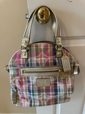 Coach Multicolor Plaid Dome Satchel with Pink and Gold Accents